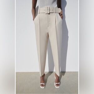 Zara High-Waisted Belted Cream High-Rise Tailored Trousers